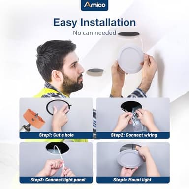 Amico 20 Pack 6 Inch 5CCT Ultra-Thin LED Recessed Ceiling Light with Junction Box, 2700K/3000K/3500K/4000K/5000K Selectable, 12W Eqv 110W, Dimmable Can-Killer Downlight, 1050LM Wafer Lighting - ETL - Image 7