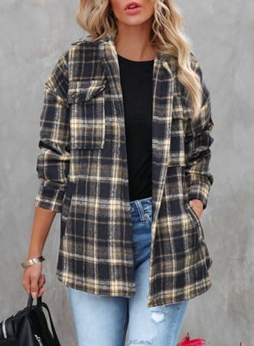 Beaully Women's Flannel Plaid Shacket Long Sleeve Button Down Shirts Jacket Coats with Side Pockets 6017F Dark Blue Black XL - Image 3