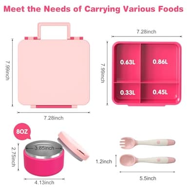 Pawtong Bento Lunch Box with 8oz Soup Thermo, Kids Leakproof Lunch Food Containers with 4 Compartment, Kids Thermo Insulated Hot Food Jar for School, Trvael - (Pink) - Image 4