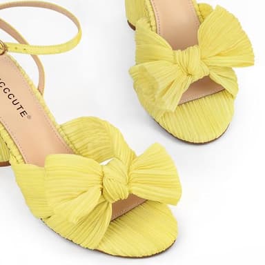 MUCCCUTE Women's Bow Heels Chunky Block Open Toe Heeled Sandals Ankle Strap Buckle Heels for Bridal Wedding (Yellow, Size 9.5) - Image 2