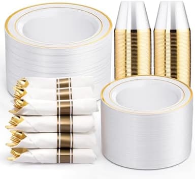 WELLIFE 350-Piece Gold Disposable Plates and Cutlery Set - Premium 10.25" Dinner Plates, 7.5" Dessert Plates, 9oz Cups & Cutlery for Weddings, Catering Events - 50 Guest Service - Elegant & Sturdy - Image 3