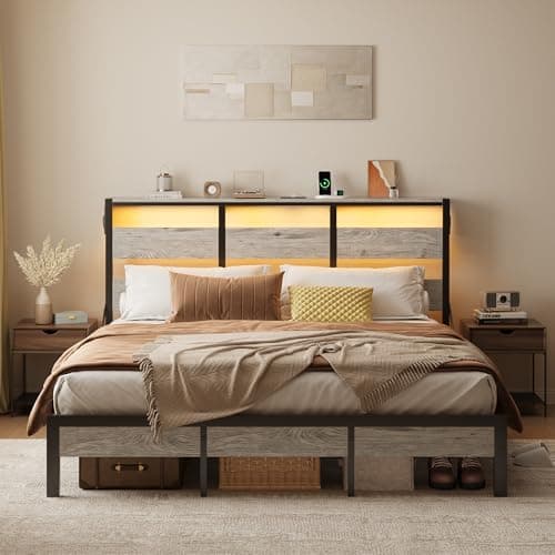 Bestier Queen Bed Frame with Storage Headboard and Charging Station, Grey Platform Bed Frame with LED Light, Non-Slip Metal Bed Frame, Noise-Free, Easy Assembly - Image 1