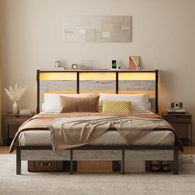 Bestier Queen Bed Frame with Storage Headboard and Charging Station, Grey Platform Bed Frame with LED Light, Non-Slip Metal Bed Frame, Noise-Free, Easy Assembly - Image 1