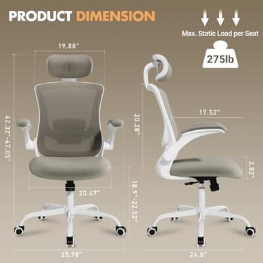 Ergonomic Office Chair with Adjustable Lumbar Support & Headrest, High Back Mesh Desk Chair with Flip-Up Armrests, Breathable & Comfortable Computer Chair for Home, Office & Study –Khaki - Image 3