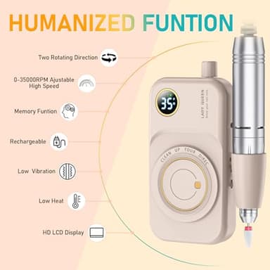 Portable Nail Drill Electric File: 35000RPM Professional Rechargeable Nail E File Machine,for Acrylic Nails Gel Polishing Removing, Cordless Efile with Bits Kit for Manicure Salon Home (Pink) - Image 4