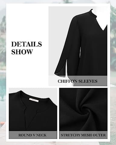 Bebonnie Womens Blouses for Work Professional,3/4 Bell Sleeve Tops and Blouses Plus Size Office Date Night Wear Business Casual V Neck Chiffon Professional Interview Clothes Black XXL - Image 4