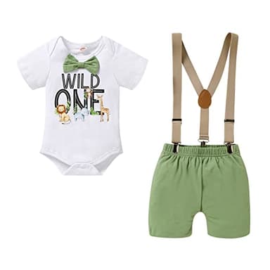 GRNSHTS Baby Boys 1st Birthday Cake Smash Outfit Wild One Bowtie Romper+Bloomers+Suspenders Photo Shoot Clothes Set (Light Green, 9-12 Months) - Image 1