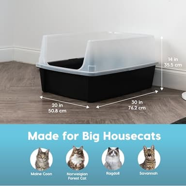 IRIS USA XX-Large Cat Litter Box, Open Top Extra Large Litter Box for Big Cats and Multi-Cat Households, High Sided Scatter Shield, Easy to Clean, 30"L x 20"W x 14"H, Black - Image 2