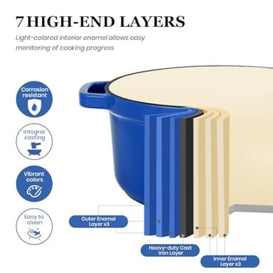 Overmont Enameled Cast Iron Dutch Oven - 5QT Pot with Lid Cookbook & Cotton Potholders - Heavy-Duty Cookware for Braising, Stews, Roasting, Bread Baking blue - Image 6