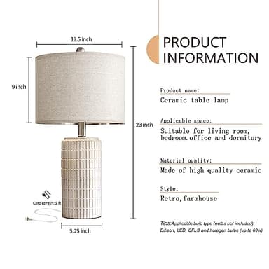 PoKat 23" Modern Ceramic Table Lamp Set of 2 for Living Room White Desk Lamps for Bedroom Farmhouse Bedside Nightstand Bedside Lamp End Table Lamps Beige - Image 8