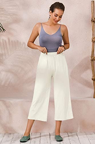 Womens Cotton Cropped Pants Loose Fit Wide Leg Capri Casual Plus Size Elastic Waist Trousers White 3XL - Image 4