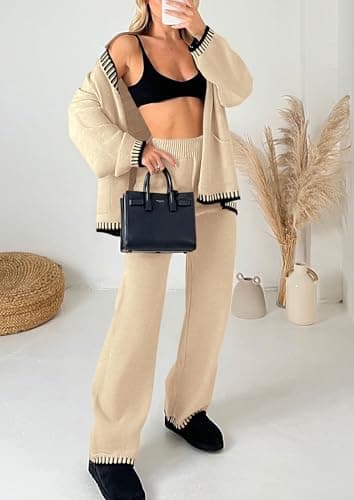 PRETTYGARDEN Lounge Sets for Women Fall 2025 Loungewear 2 Piece Outfits Cardigan Sweaters Track Suit Matching Winter Clothing (Beige,Small) - Image 3
