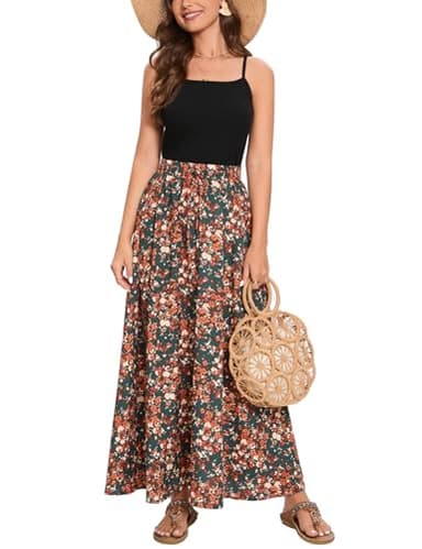 Bluetime Women Flowy Long Skirts Summer Beach Pleated Elastic High Waisted Casual Maxi Skirts (S, Floral25) - Image 1