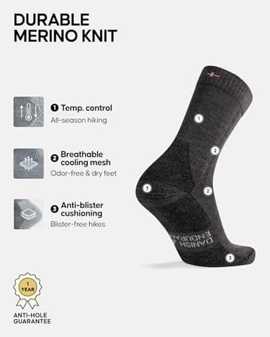 DANISH ENDURANCE Hiking Socks, Merino Wool Socks, Anti Blister, Cushioned, Breathable, Men & Women, 3-Pack, Dark Grey, Large - Image 2