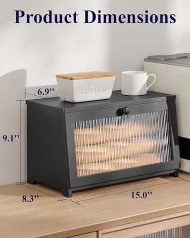 Kitsure Bread Box - Wooden Bread Box for Kitchen Countertop, Large Capacity Kitchen Countertop Organizer, Stylish Bread Storage with Window, Multi-functional Container, Black, 15.0"x8.3"x9.1" (1T) - Image 2