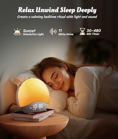 ecozy Sunrise Alarm Clock, White Noise Sound Machine, Upgraded Backlit Buttons for Bedrooms, 26 Soothing Sounds, 17 Night Lights, Bluetooth Speaker, Wake Up Sunlight for Heavy Sleepers, Adults, Kids - Image 4