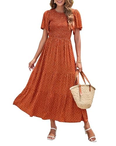 ZESICA Women's 2025 Summer Casual Floral Print Short Flutter Sleeve Crew Neck Smocked High Waist Flowy Maxi Dress,Caramel,Large - Image 1