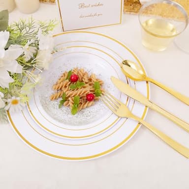 DaYammi 350PCS Gold Plastic Dinnerware Set for 50 Guests, Fancy Disposable Plates for Party, Include: 50 Dinner Plates, 50 Dessert Plates, 50 Pre Rolled Napkins with Gold Silverware, 50 Cups - Image 9