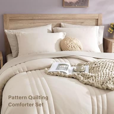Monbix Queen Comforter Set - 7 Pieces Beige Bed in a Bag Queen Bedding Sets with Comforters, All Seasons Comforter Bed Set with Sheets,Pillowcases & Shams - Image 2