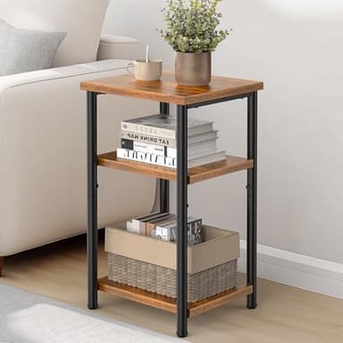 DUMOS End Table, 3 Tier Side Sofa Tables for Small Space, Storage Shelf, Nightstand with Adjustable Feet for Living Room, Bedroom, Office, Set of 1, Rustic Brown - Image 2
