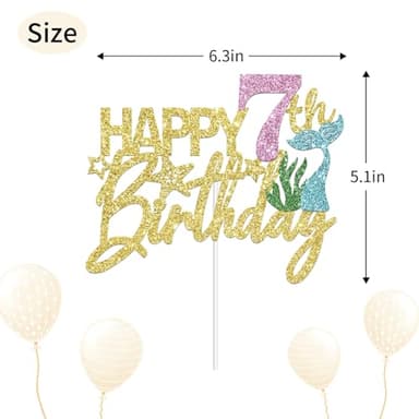 YHEZXUN Mermaid Happy 7th Birthday Cake Topper, Gold Glitter Mermaid Seven Cake Decoration Ocean Theme for Girl 7 Years Old Birthday Party Cake Decor - Image 2