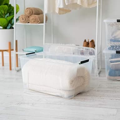 IRIS USA 72 Qt Stackable Plastic Storage Bins with Lids, 4 Pack - BPA-Free, Made in USA - See-Through Organizing Solution, Latches, Durable Nestable Containers, Secure Pull Handle - Clear - Image 7