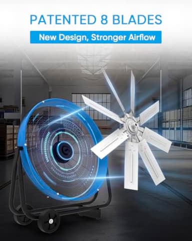 KEN BROWN 24 Inch Industrial Drum Fan, High Velocity Floor Shop Fan, Heavy Duty, 9500 CFM, 8 Blades, 3 Speeds, 360 Degree Tilt, Ideal for Industrial, Commercial, Gym, Garage Use, Blue - Image 2