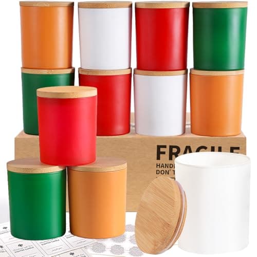 CONNOO 12 Pack 10 OZ Multi Color Glass Candle Jars with Bamboo Lids Nice Sticky Warning Labels for Candle Making Empty Container Bulk - Dishwasher Safe - Image 1