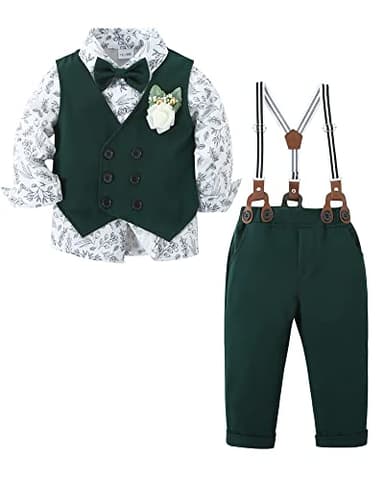 YALLET Toddler Baby Boy Clothes Suit Gentleman Wedding Outfits, Formal Dress Shirt+Bowtie+Vest+Boutonniere+Suspender Pants(V Green, 4-5T) - Image 6
