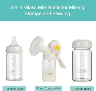 COMI Wide Neck Glass Breastmilk Collection n Storage Bottle, 6oz with Screw Ring Sealing Disk; Re-markable Sealing Disc. BPA Free, Fits Breast Pumps & Nipples (Gray Lids) - Image 2