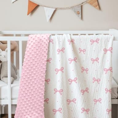Bow Baby Blankets for Girls, Soft Nursery Minky Blankets with Muslin and Dotted Fleece Back 30x40 inches, Receiving Bed Quilt for Newborn, Infants, Toddlers - Image 7