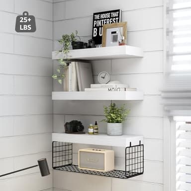 QEEIG Bathroom Shelves Over Toilet - Wall Mounted Floating Shelves Toilet Paper Storage Small Farmhouse Decor Shelf 16 inch Set of 3, White and Black (019-WB3) - Image 4