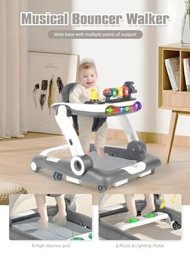 Music and Lights Baby Walker with Wheels, 6 in 1 Baby Activity Center w/Ergonomic backrest Design, Baby Walkers for Boys w/Foot Pads, Music Bouncer Walkers for Boys Girls Babies 6-18 Months, D Grey - Image 2