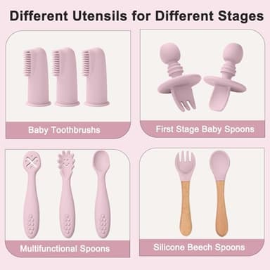 LITTLE RAWR Silicone Baby Feeding Set 14 Pcs,Baby Led Weaning Supplies, Baby Spoons Suction Bowl Divided Plate Bib Cup Finger Brush,First Stage Solid Food Eating Utensils - 6+ Months(Light Pink) - Image 6