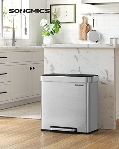 SONGMICS Kitchen Trash Can, 16 Gallon (2 x 8 Gallon) Dual Compartment Garbage Can, 60L Pedal Recycling Bin, Stays Open and Soft Close, Stainless Steel, 15 Bags Included, Metallic Silver ULTB202E01 - Image 2
