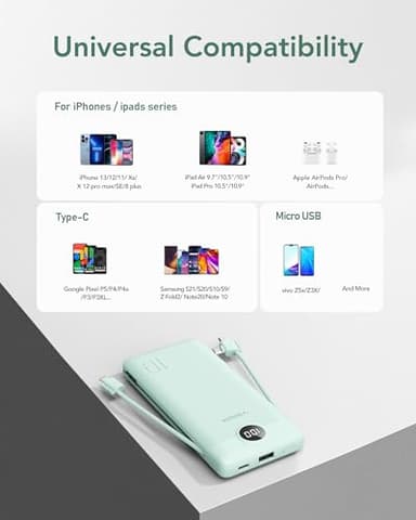 VEGER Portable Charger for iPhone with Built in Cables and Wall Plug, 10000mah Slim Fast Charging USB C Power Bank, Travel Essential Battery Pack Compatible with iPhone, iPad, Samsung etc(Green) - Image 6
