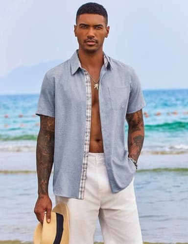 COOFANDY Men's Short Sleeve Shirts Casual Button Down Summer Beach Shirt Light Denim Blue - Image 3