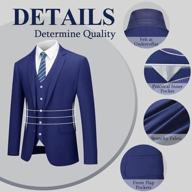 Premium Suits for Men 3 Piece Mens Suit,2 Buttons Solid Jacket Vest 3D Drap Tech.Pants,Classic Slim Fit Tuxedo Suit Set for Business Wedding Prom Formal，Navy Blue L - Image 4