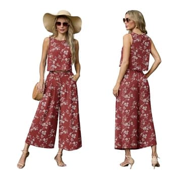 Lepunuo Womens 2 Piece Outfits Summer Boho Sleeveless Crop Top Flowy Wide Leg Pants Matching Sets Vacation Beach Travel Outfits - Image 5