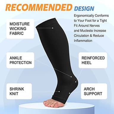 3 Pack Plus Size Open Toe Compression Socks for Women & Men Wide Calf, Toeless Knee High Stockings for Circulation Support, Black White Gray XX-Large - Image 4