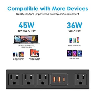 CCCEI Desk Clamp Power Strip with 45W USB-C Ports, Desktop Mount Surge Protector 1200J, Widely Spaced Desk Outlet Station, Fast Charging, 10 FT Flat Plug, Fit 1.9 inch Tabletop Edge. - Image 2