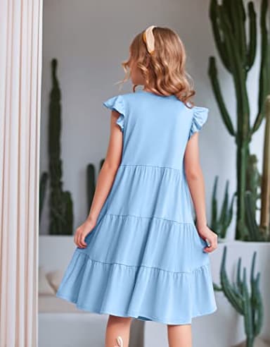 Arshiner Girls Summer Dress Ruffle Sleeve Flared Flowy Pleated Midi Cotton Casual Sundress with Pockets Light Blue 8-9 Years - Image 5