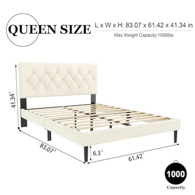 HAOARA Queen Size Platform Bed Frame with Upholstered Button Tufted Headboard, Mattress Foundation with Wooden Slat Support, Noise Free, No Box Spring Needed, Easy Assembly, Beige Velvet - Image 2