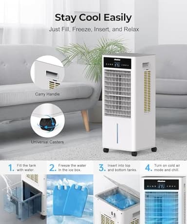 Abolee Evaporative Air Cooler, Portable Evaporative Air Cooler for Bedroom, 2.4Gal Tank with Fan & Humidifier, Remote, 4 Ice Packs, 3 Speeds, 4 modes, 12H Timer, for Room Indoors - Image 8
