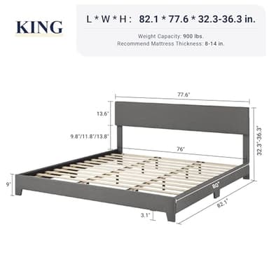 Allewie King Size Bed Frame with Adjustable Headboard, Upholstered Platform Bed with Wood Slats, Heavy Duty Mattress Foundation, No Box Spring Needed, Noise-Free, Easy Assembly, Dark Grey - Image 2