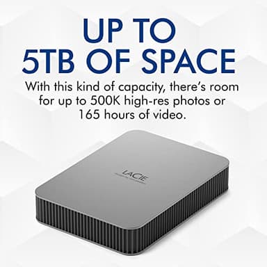 LaCie Mobile Drive, 5TB, External Hard Drive Portable - Moon Silver, USB-C 3.2, for PC and Mac, Post-Consumer Recycled, with Adobe All Apps Plan (STLP5000400) - Image 3