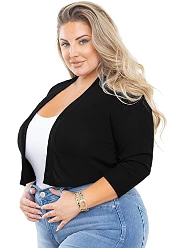 AusLook Plus Size Bolero Shrugs for Summer Dresses 3/4 Sleeve Black 4X Open Front Knit Lightweight Coat Cropped Tops Shawls and Wraps Cardigan Dressy Sweater Clothes - Image 1