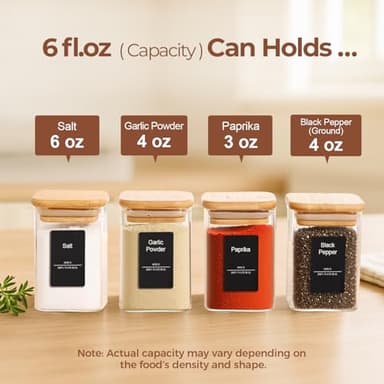 ComSaf 16Pcs Glass Spice Jars with Bamboo Lid, 6oz Airtight Square Containers with 275 Black Lables, Empty Seasoning Jars for Salt Sugar - Image 2