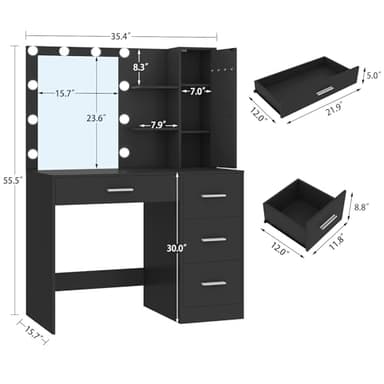 usikey Makeup Vanity with Lights, Vanity Desk with Mirror and 10 LED Lights, Vanity Table Set with 4 Drawers, Cabinet & 4 Necklace Hooks, Dressing Table for Bedroom, White - Image 7
