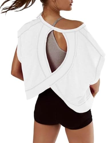 Kumufenc Women Short Sleeve Workout Shirts Open Back Tops Casual Yoga Y2k Athletic Gym Slouchy Crop Running Tees(White,S), Small - Image 1